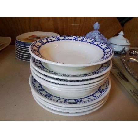 ASSIETTE EN PORCELAINE BORDURE BLEU MOTIF FLORAL 
