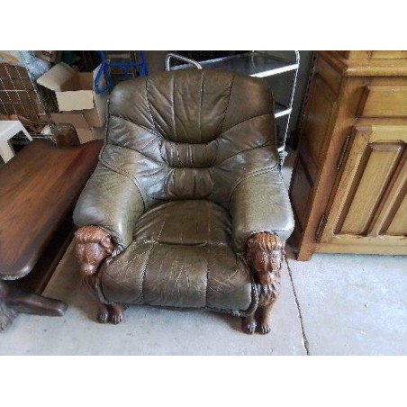 FAUTEUIL CUIR VERT LION SCULPTÉ 