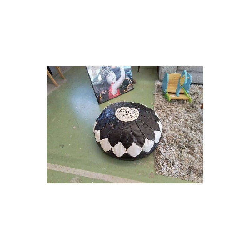 POUF MAROCAIN ROND CUIR NOIR ET BLANC 