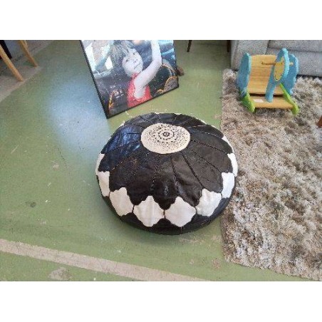 POUF MAROCAIN ROND CUIR NOIR ET BLANC 