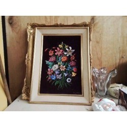 CADRE DORÉ PEINTURE SUR TAPISSERIE MOTIF FLORAL 