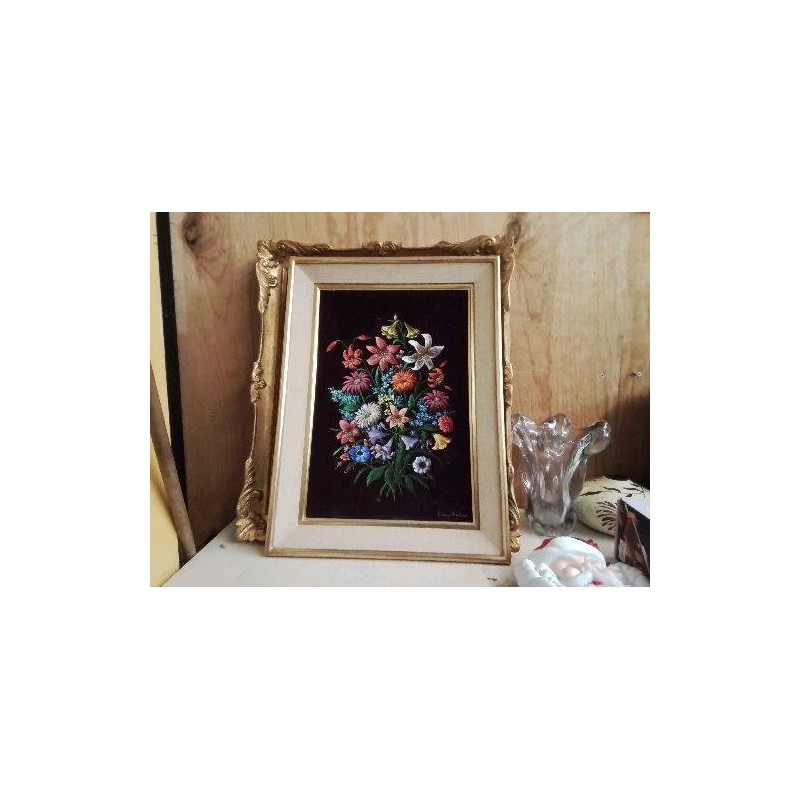 CADRE DORÉ PEINTURE SUR TAPISSERIE MOTIF FLORAL 