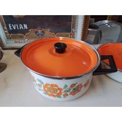 CASSEROLE MOTIF FLORAL ORANGE ÉMAILLÉ
