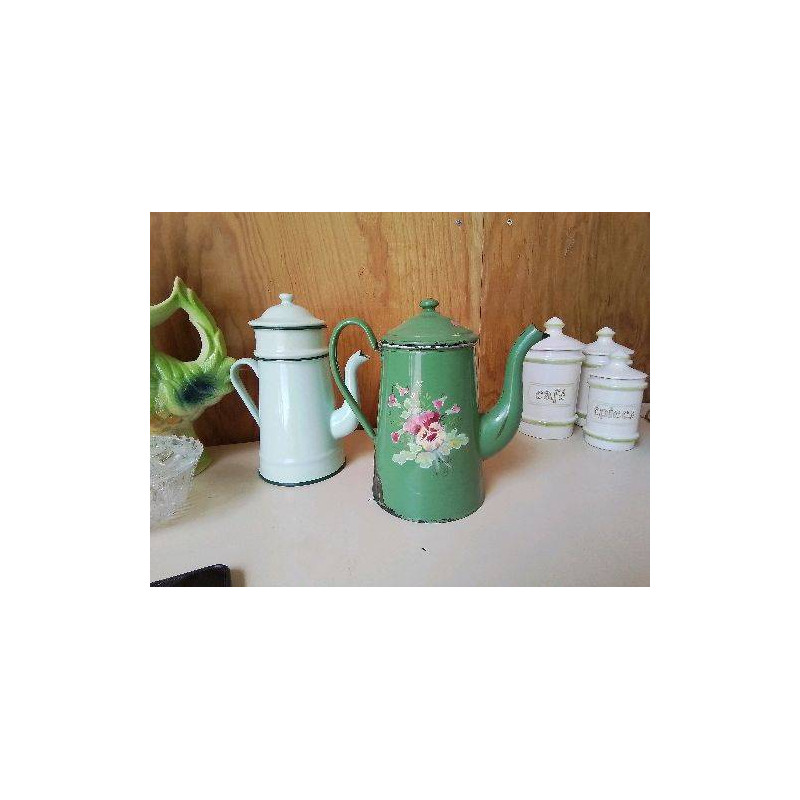 CAFETIÈRE EN TÔLE ÉMAILLÉE ANCIENNE MOTIF FLORAL