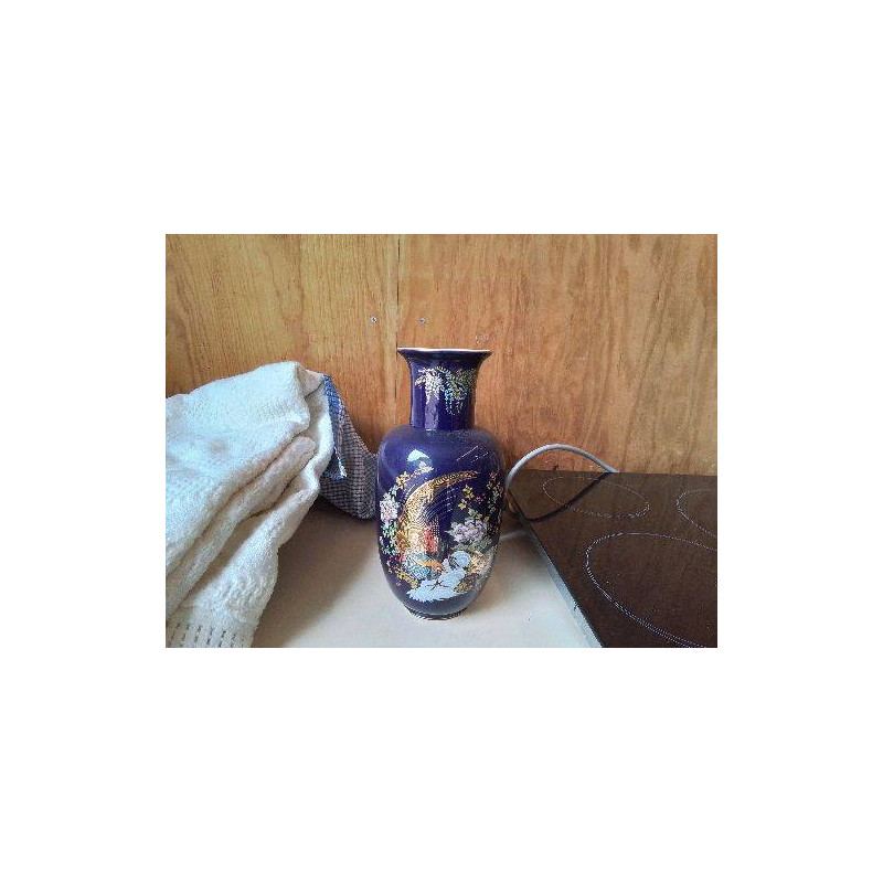 VASE BLEU STYLE ASIATIQUE DECOR OISEAUX 