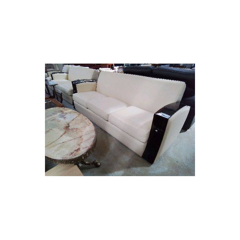 CANAPE 3 PLACES CLUB STYLE ART DECO BOIS DE MACASSAR ET CUIR