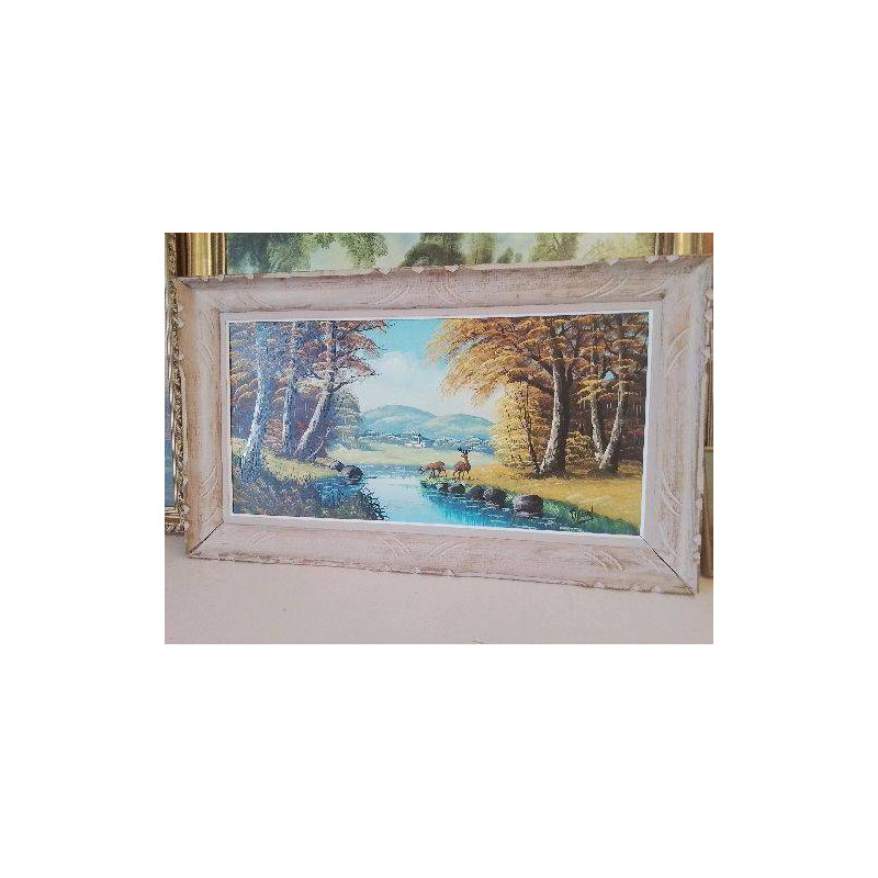 PEINTURE A L’ HUILE SUR TOILE ’ CERF AU BORD DE LA RIVIÈRE ’