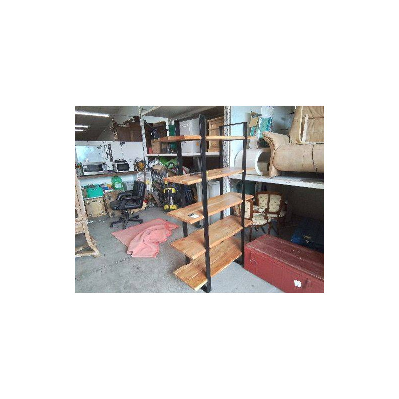 ETAGERE TYPE BRUTALISME EN ACIER ET TECK