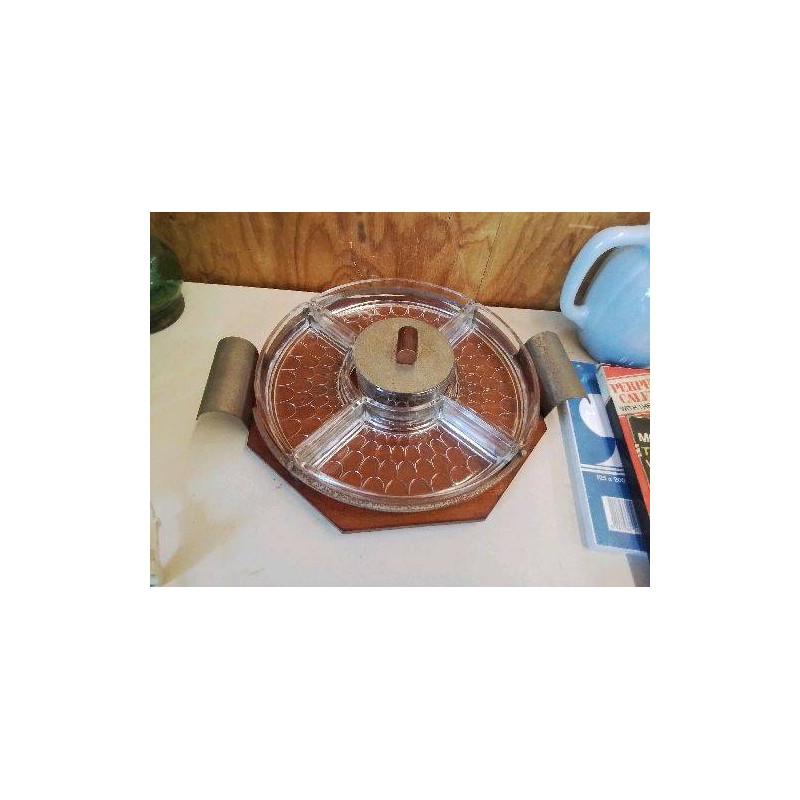 PLATEAU APPERITIF VINTAGE VERRE ET BOIS 