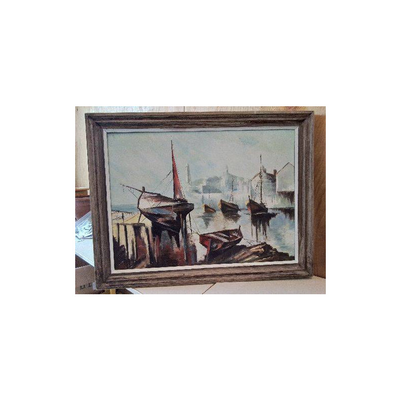 HUILE SUR PANNEAU ’ BATEAU AU PORT’