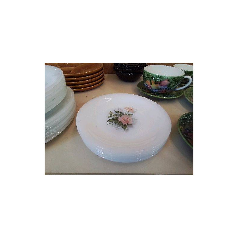 LOT DE 6 ASSIETTES À DESSERT OPALINE MOTIF FLORAL 