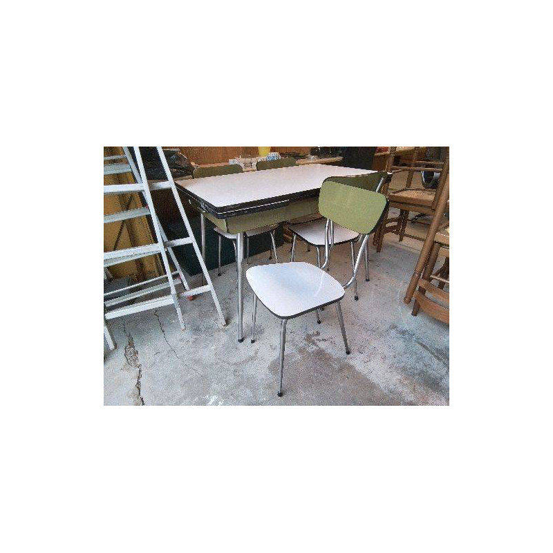 ENSEMBLE TABLE FORMICA BLANC/OLIVE + 4 CHAISES