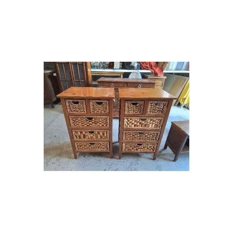 MEUBLE EN PIN RANGEMENT EN ROTIN