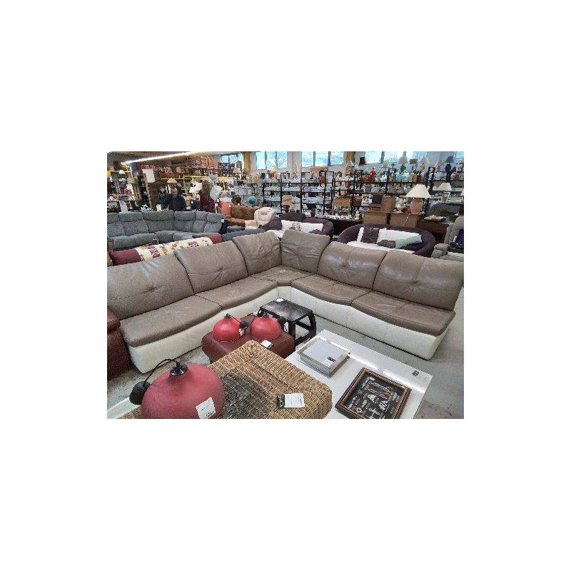 CANAPE D’ANGLE CUIR BEIGE ET BLANC 