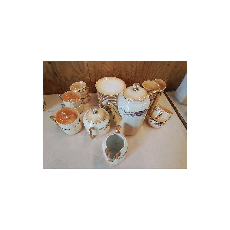 SERVICE À THÉ ORANGE PORCELAINE FINE MOTIF FLORAL 