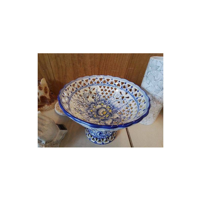 GRANDE COUPE À FRUIT BLEU EN CERAMIQUE MOTIF FLORAL 