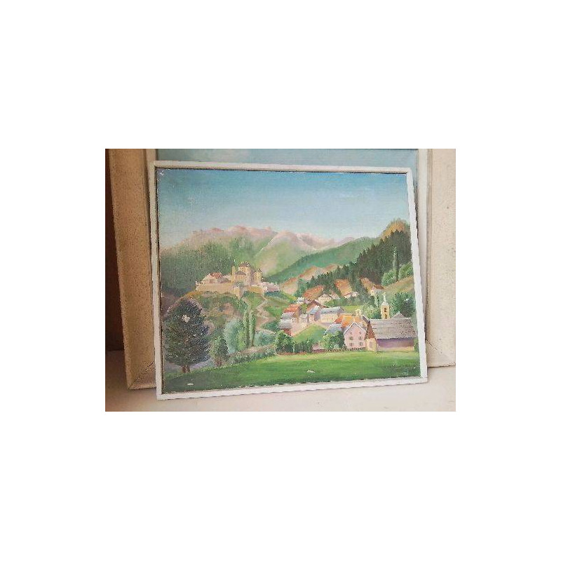 PEINTURE D’UN VILLAGE PERCHÉ DANS LES MONTAGNES