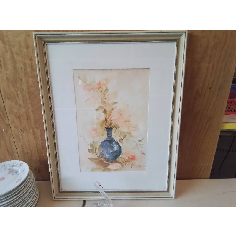 GRAND CADRE AQUARELLE NATURE MORTE BOUQUET DE FLEUR