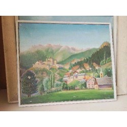 PEINTURE D’UN VILLAGE PERCHÉ DANS LES MONTAGNES
