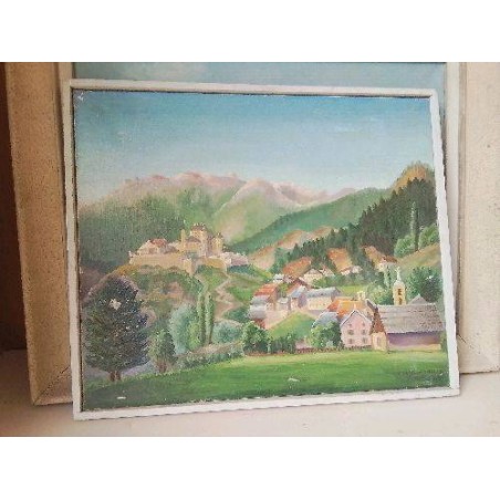 PEINTURE D’UN VILLAGE PERCHÉ DANS LES MONTAGNES